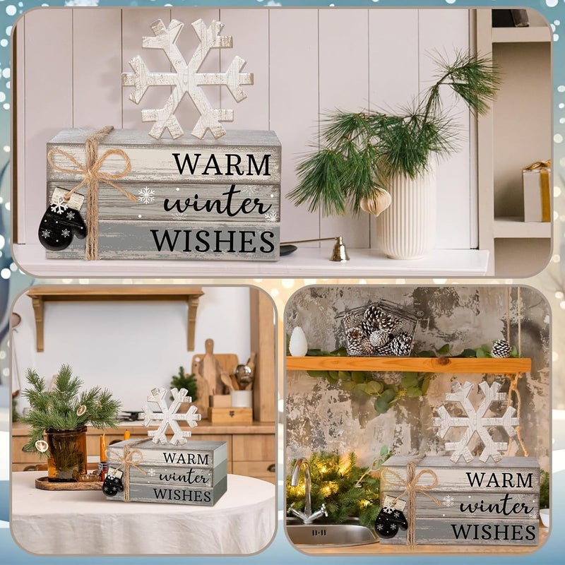 Anglechic 4 Pcs Winter Table Decorations Snowflake Tiered Tray Decor Warm Wishes Centerpiece Decorations Indoor Rustic Wooden Snowflake Block Sign Gift Farmhouse for Home Kitchen Shelf - Image 5
